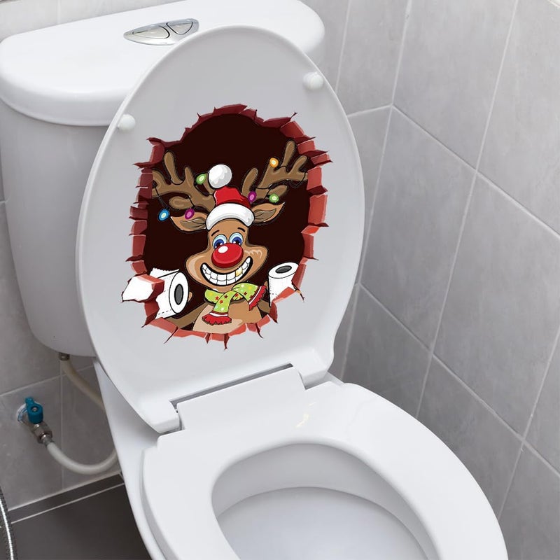 Iprokiu Christmas Toilet Sticker Santa Claus Reindeer Elf Toilet Seat Cover Decal Waterproof Christmas Crack Toilet Seat Lid Decal Snowman Elk Washroom Decoration (Smiling Reindeer) - Image 1